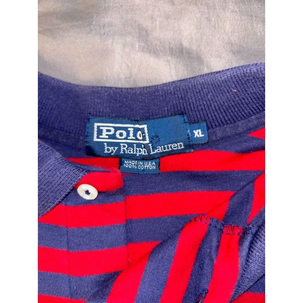 Polo by Ralph Lauren Polo Shirt Men XL Blue Red Stripe Collar High Low Slit Logo